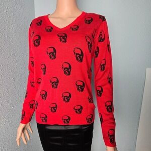 Magaschoni‎ Skull Print Cashmere Blend V-Neck Sweater Red Black Women's Small